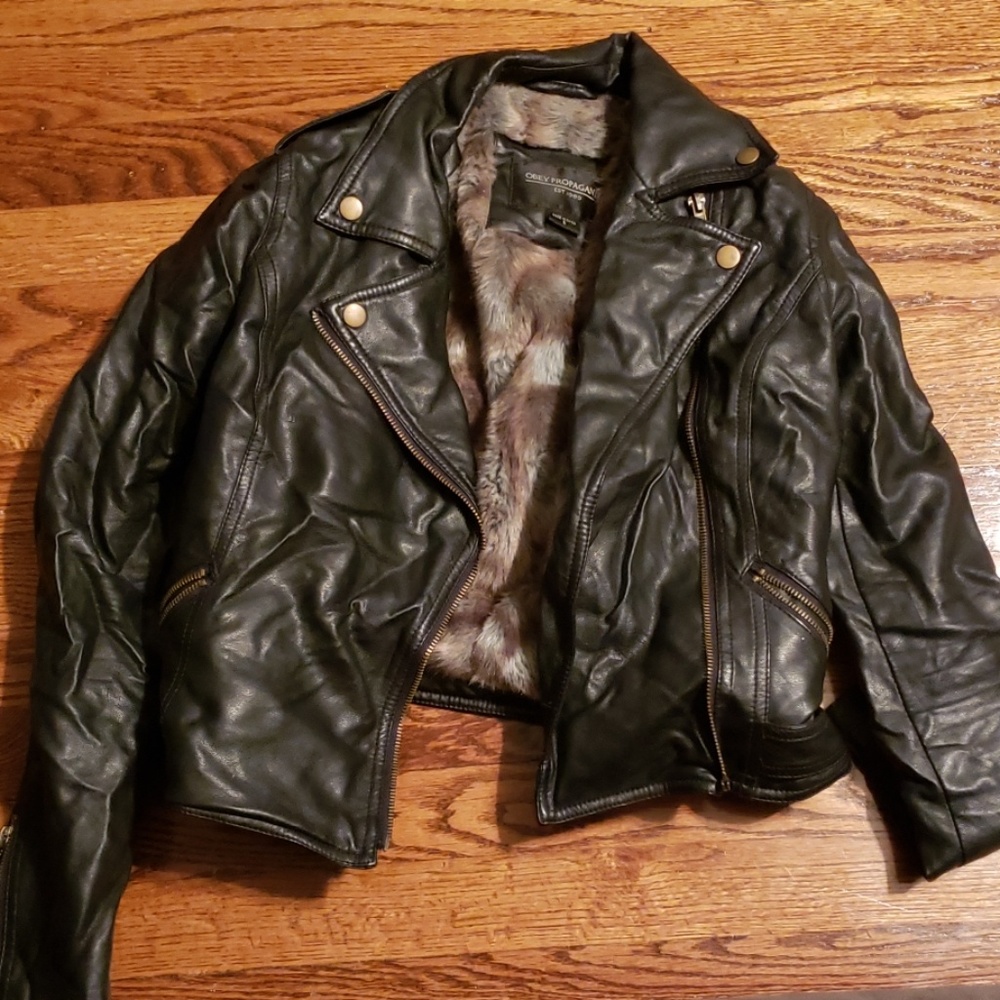 Obey Propaganda Black Leather Jacket Fur Lined